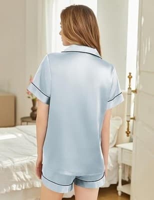 Satin Pajama Set Women 2 Piece Short Sleeve Button Down Shorts — Size M - Thumbnail 2