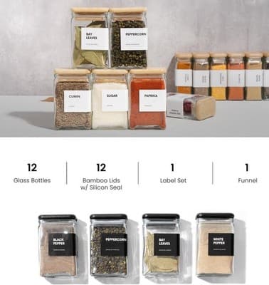 Glass Spice Jars Set with Bamboo Lids - Clear Square Bottles - Thumbnail 5