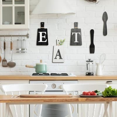 Wooden Kitchen Wall Decor Set 'EAT' with Fork and Spoon - Black, White, Gray - Thumbnail 3