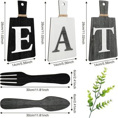 Wooden Kitchen Wall Decor Set 'EAT' with Fork and Spoon - Black, White, Gray - Thumbnail 5