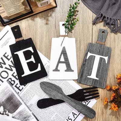 Wooden Kitchen Wall Decor Set 'EAT' with Fork and Spoon - Black, White, Gray - Thumbnail 2