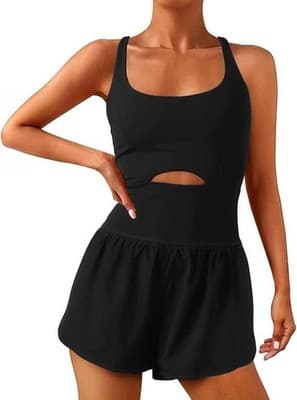 Wenlia Women's Workout Romper Black Built-In Bra & Shorts- Sz LARGE - Thumbnail 2