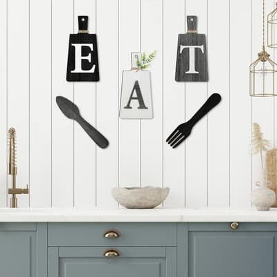 Wooden Kitchen Wall Decor Set 'EAT' with Fork and Spoon - Black, White, Gray - Thumbnail 4
