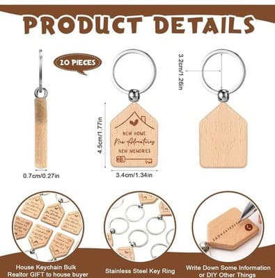 New Home Wooden House Keychain Bulk 20pc Realtor Closing Gift - Thumbnail 3