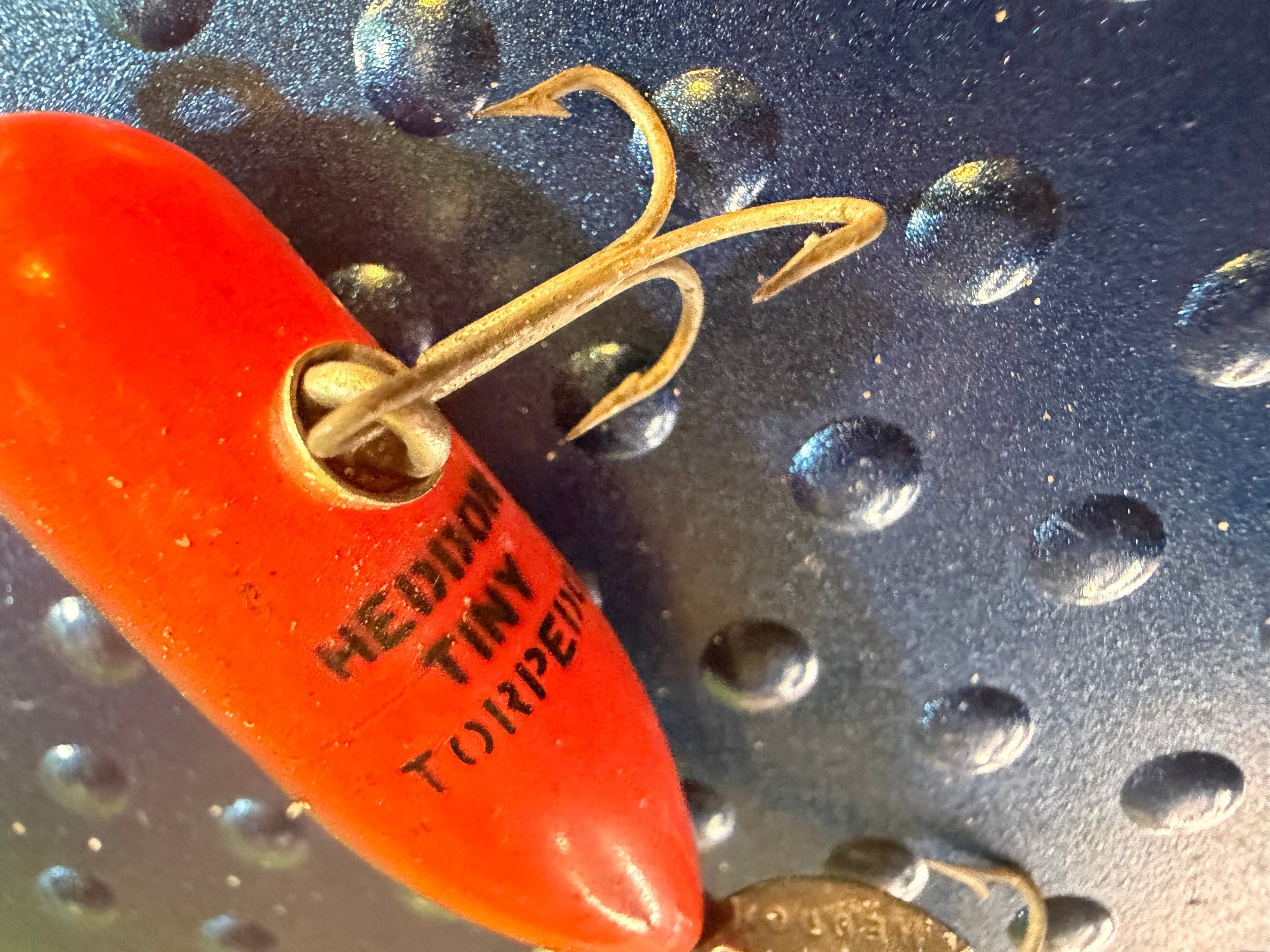 Vtg Heddon Tiny Torpedo Topwater Lure Orange Black Back Used USA - Thumbnail 3