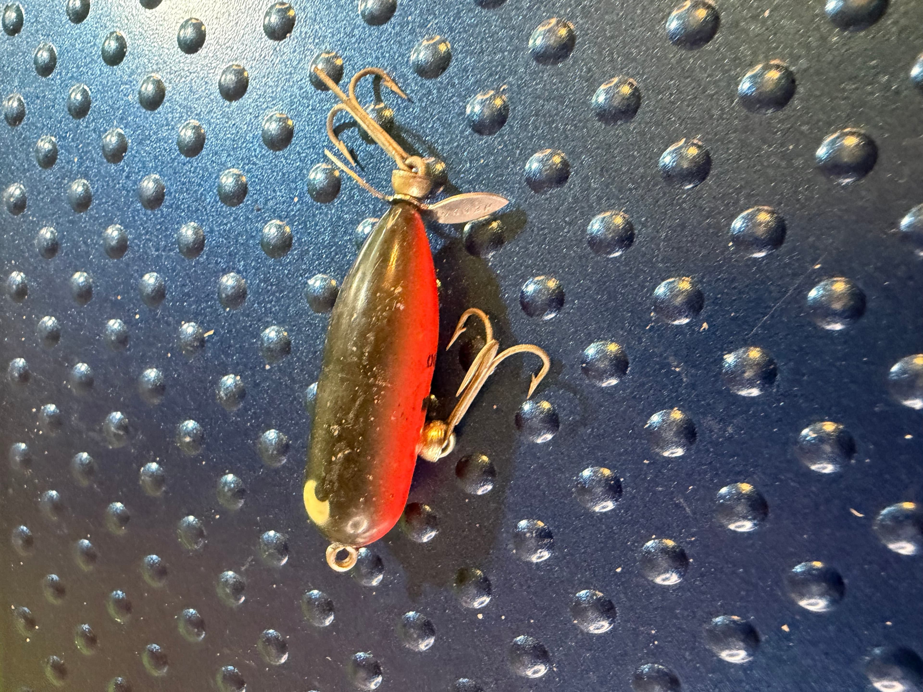 Vtg Heddon Tiny Torpedo Topwater Lure Orange Black Back Used USA