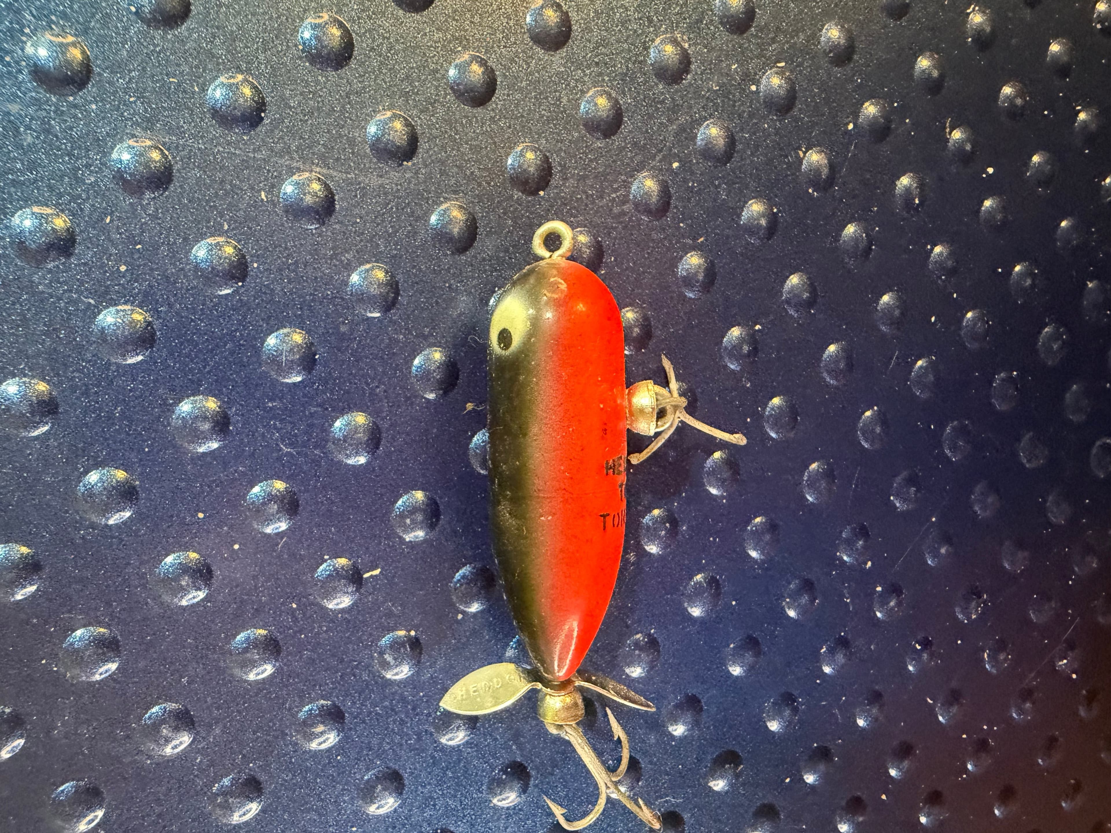 Vtg Heddon Tiny Torpedo Topwater Lure Orange Black Back Used USA - Thumbnail 2