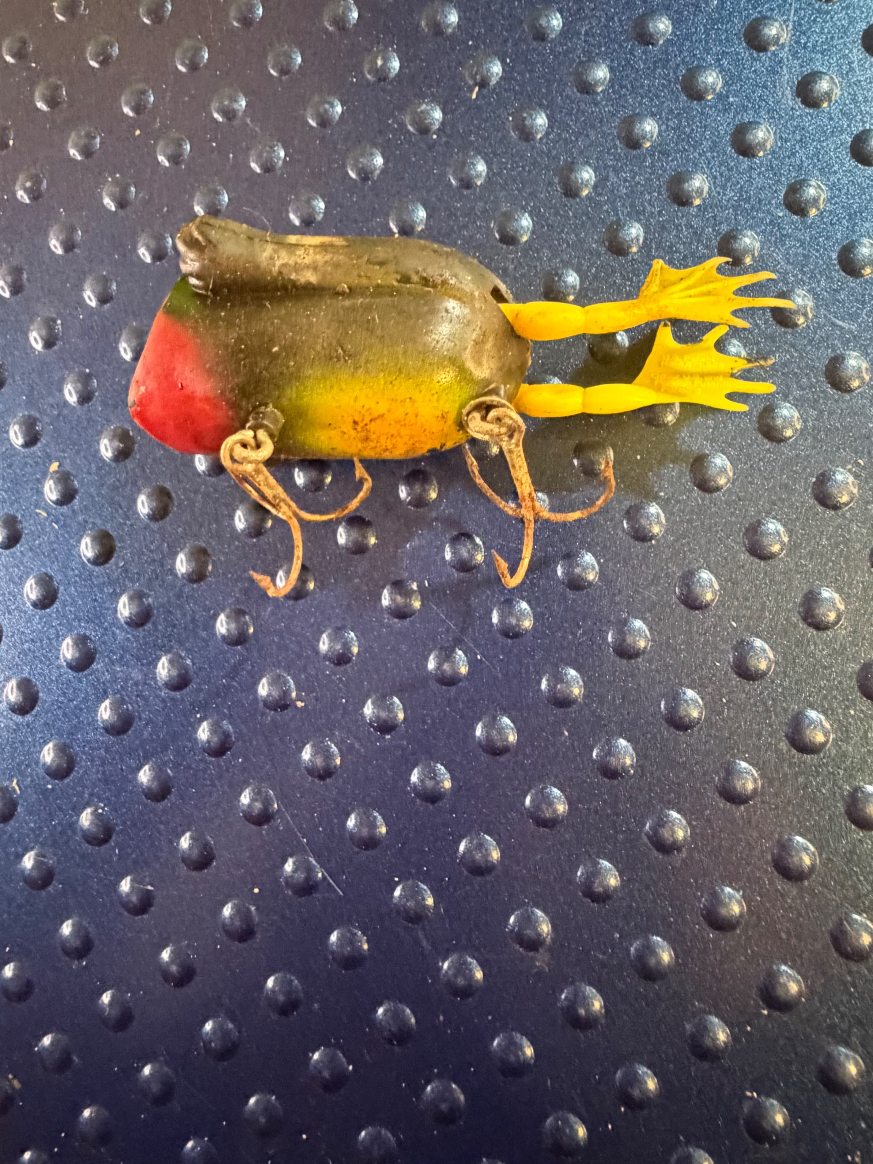 Vtg Hollow Body Hard Plastic Frog Lure Yellow Legs Red Face 1950s-60s - Thumbnail 2