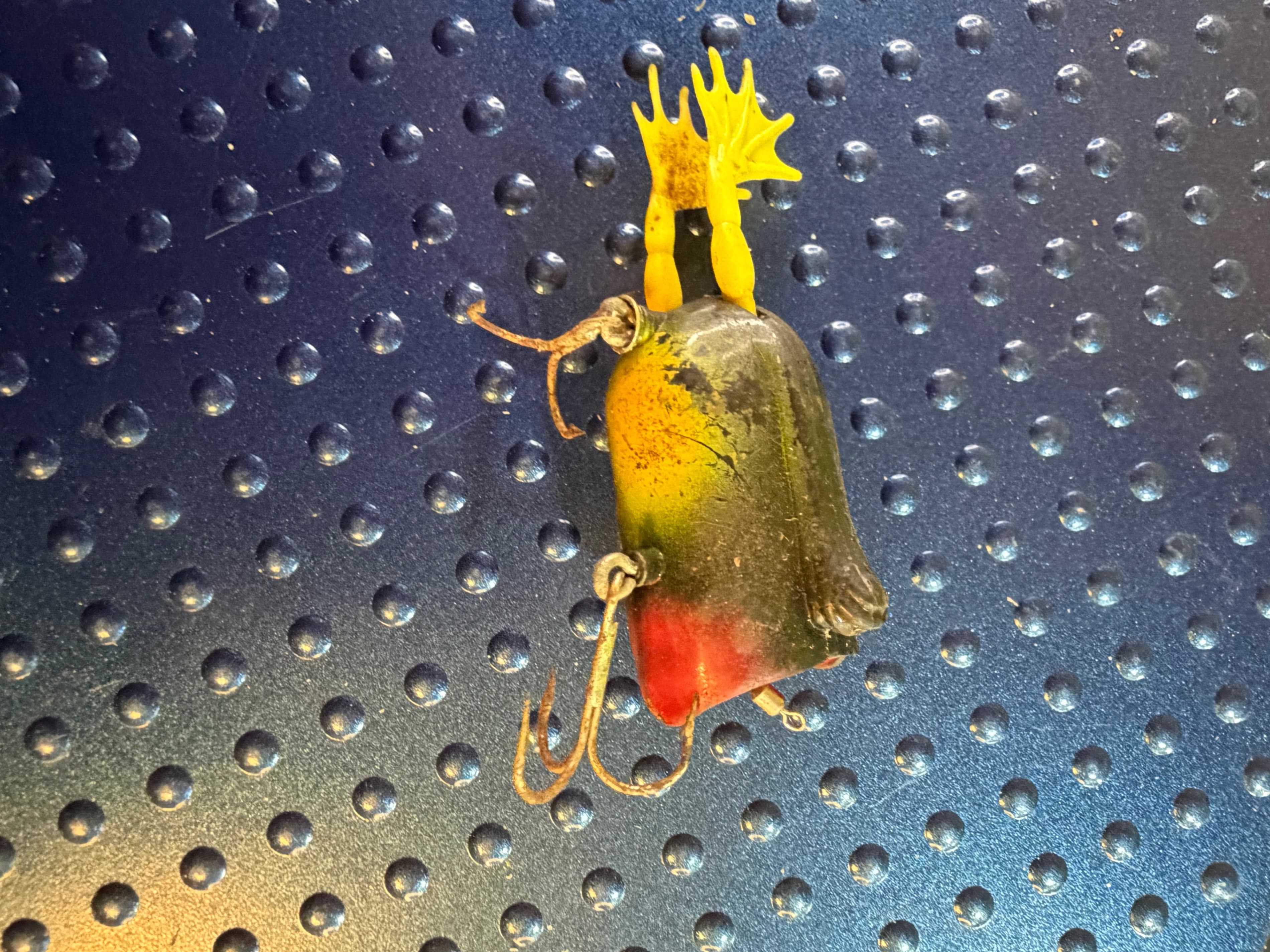Vtg Hollow Body Hard Plastic Frog Lure Yellow Legs Red Face 1950s-60s - Thumbnail 3