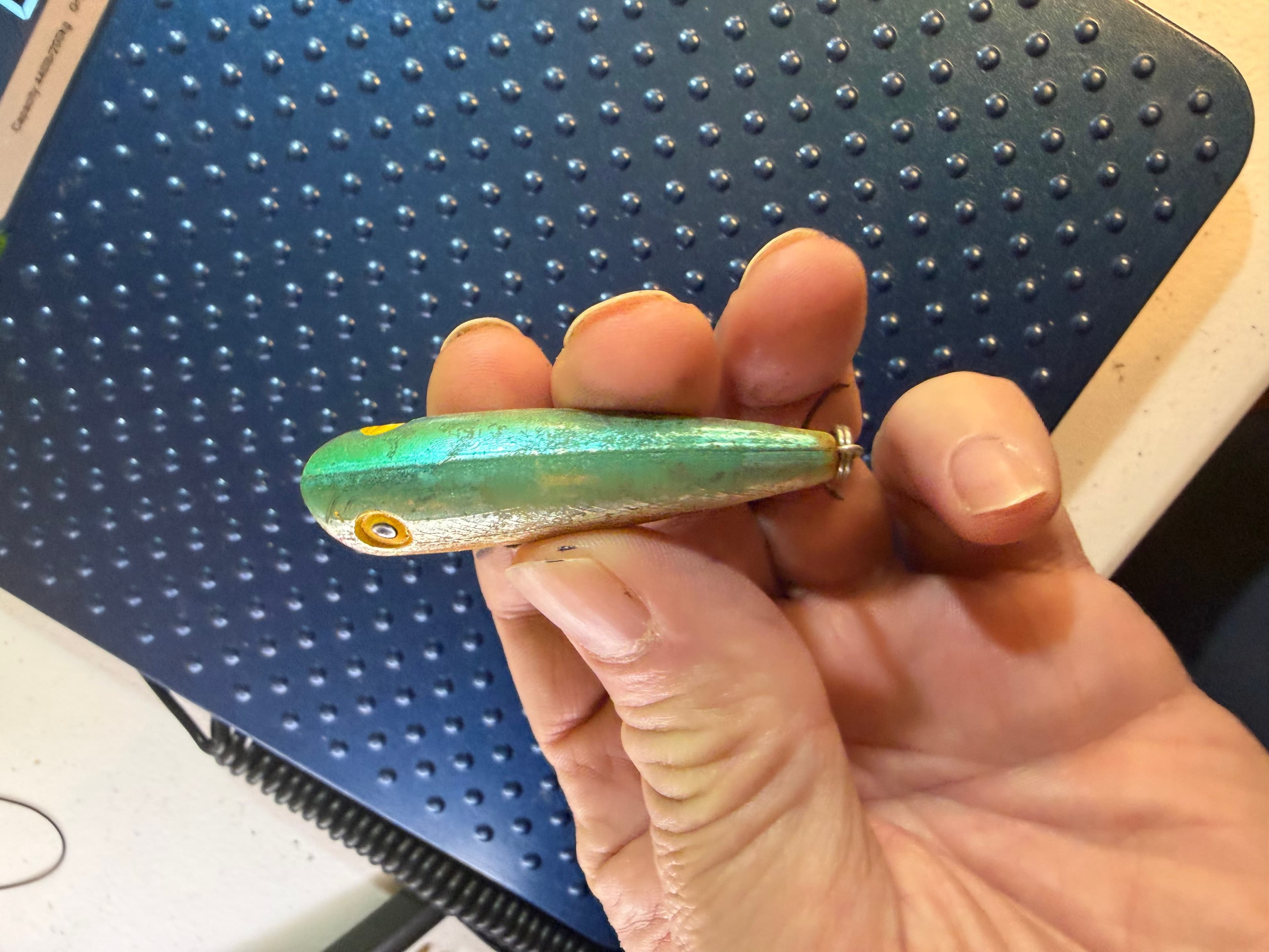 Vtg Wooden Topwater Popper Chugger Lure Green Gold Cup Face Used - Thumbnail 3