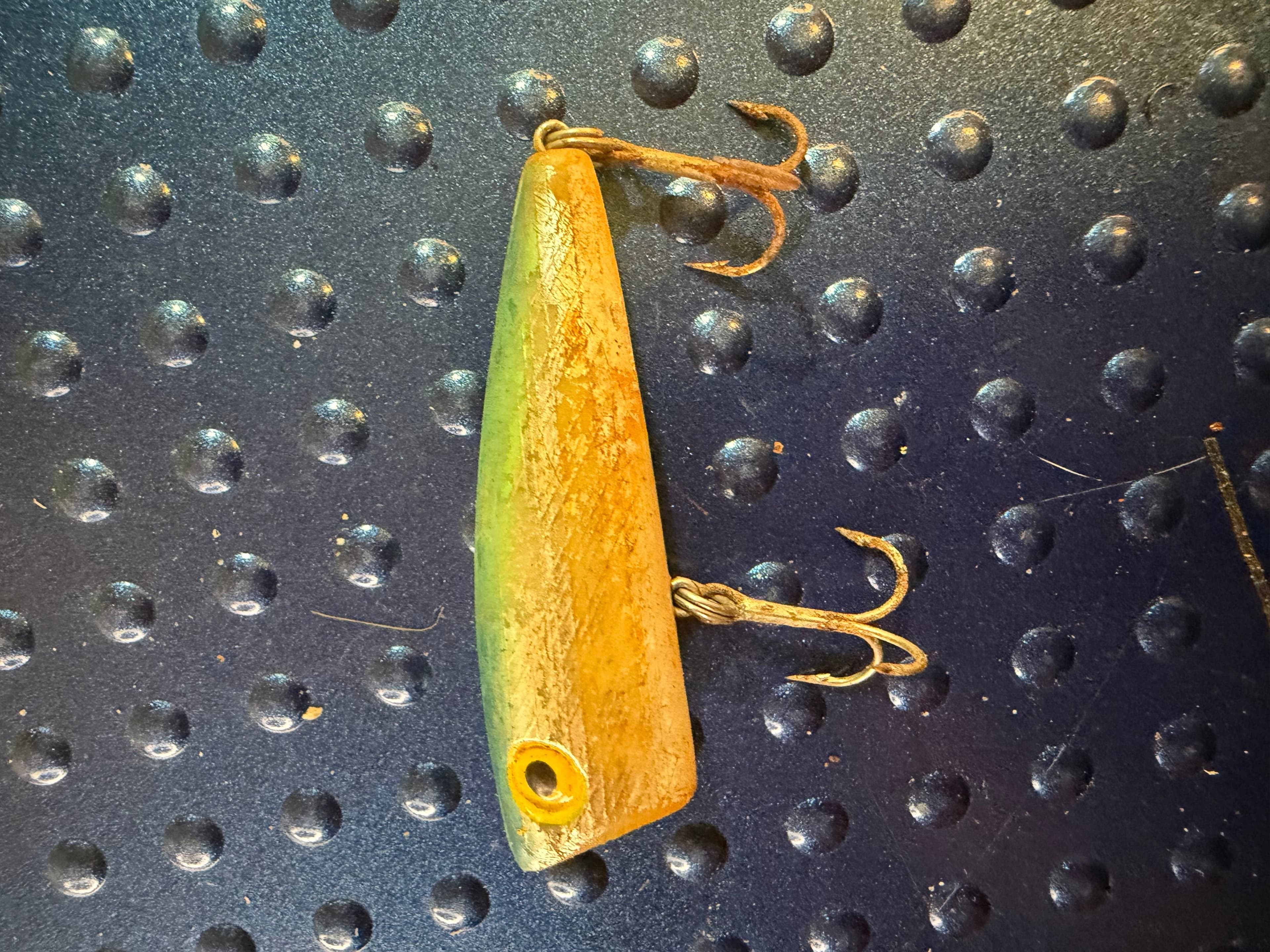 Vtg Wooden Topwater Popper Chugger Lure Green Gold Cup Face Used