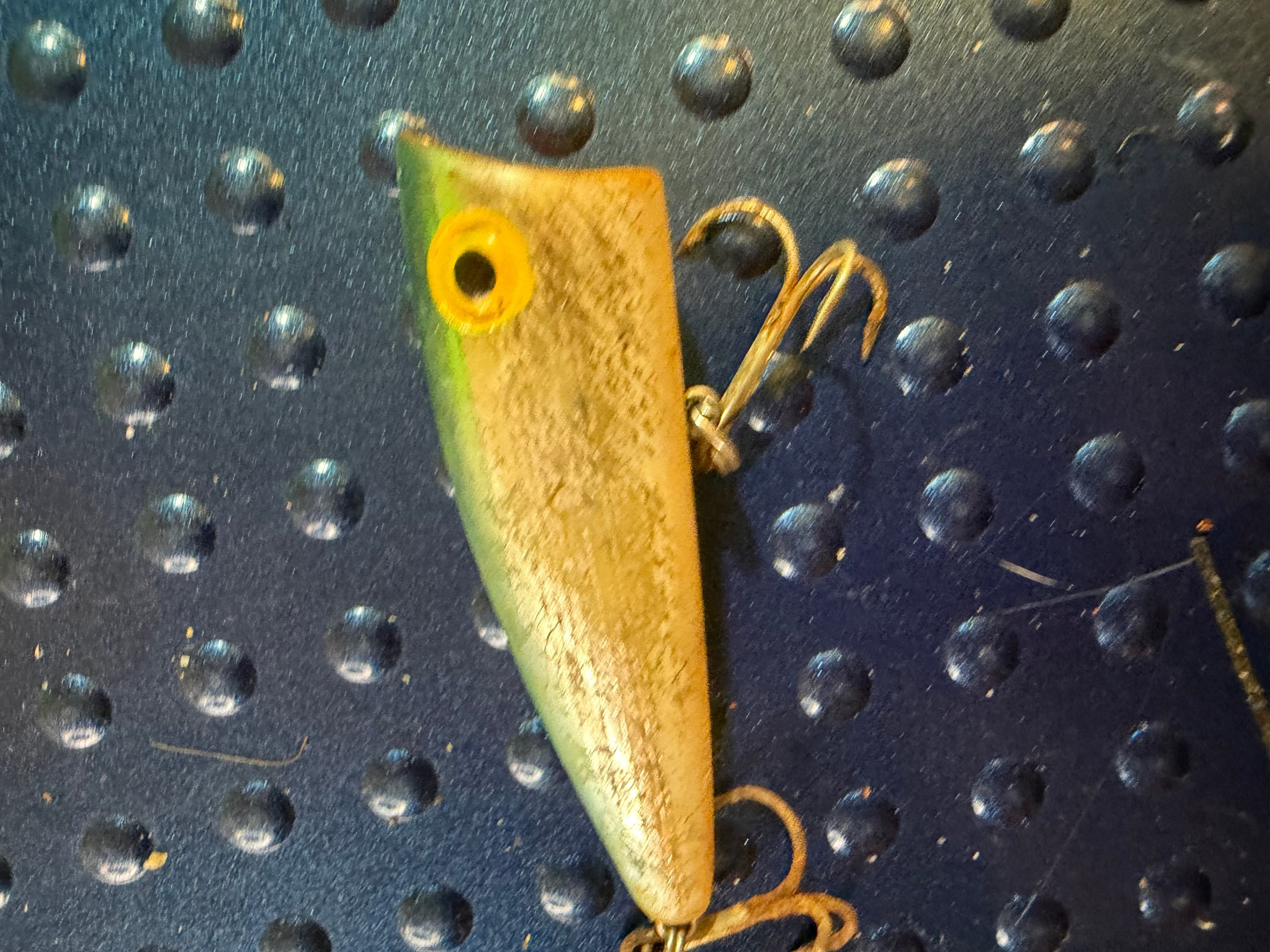 Vtg Wooden Topwater Popper Chugger Lure Green Gold Cup Face Used - Thumbnail 5