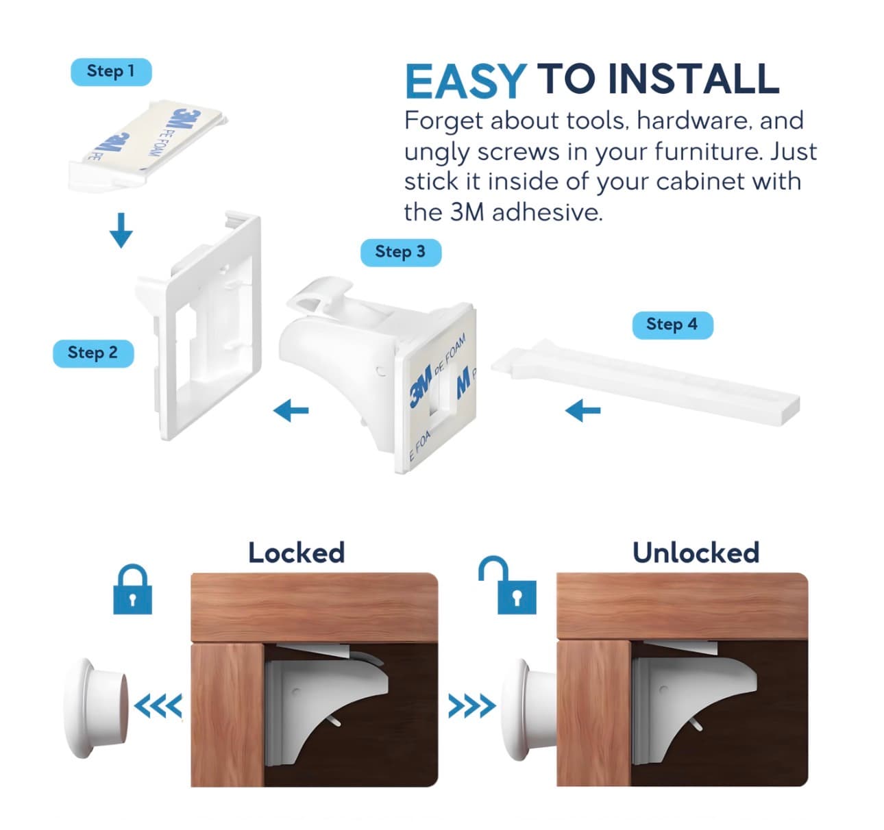 Baby Proof Me 6-Pack Magnetic Cabinet Locks, Baby Proofing Child Safety Locks with 2 Keys, No-Drill 3M Adhesive for Cabinets & Drawers - Thumbnail 5
