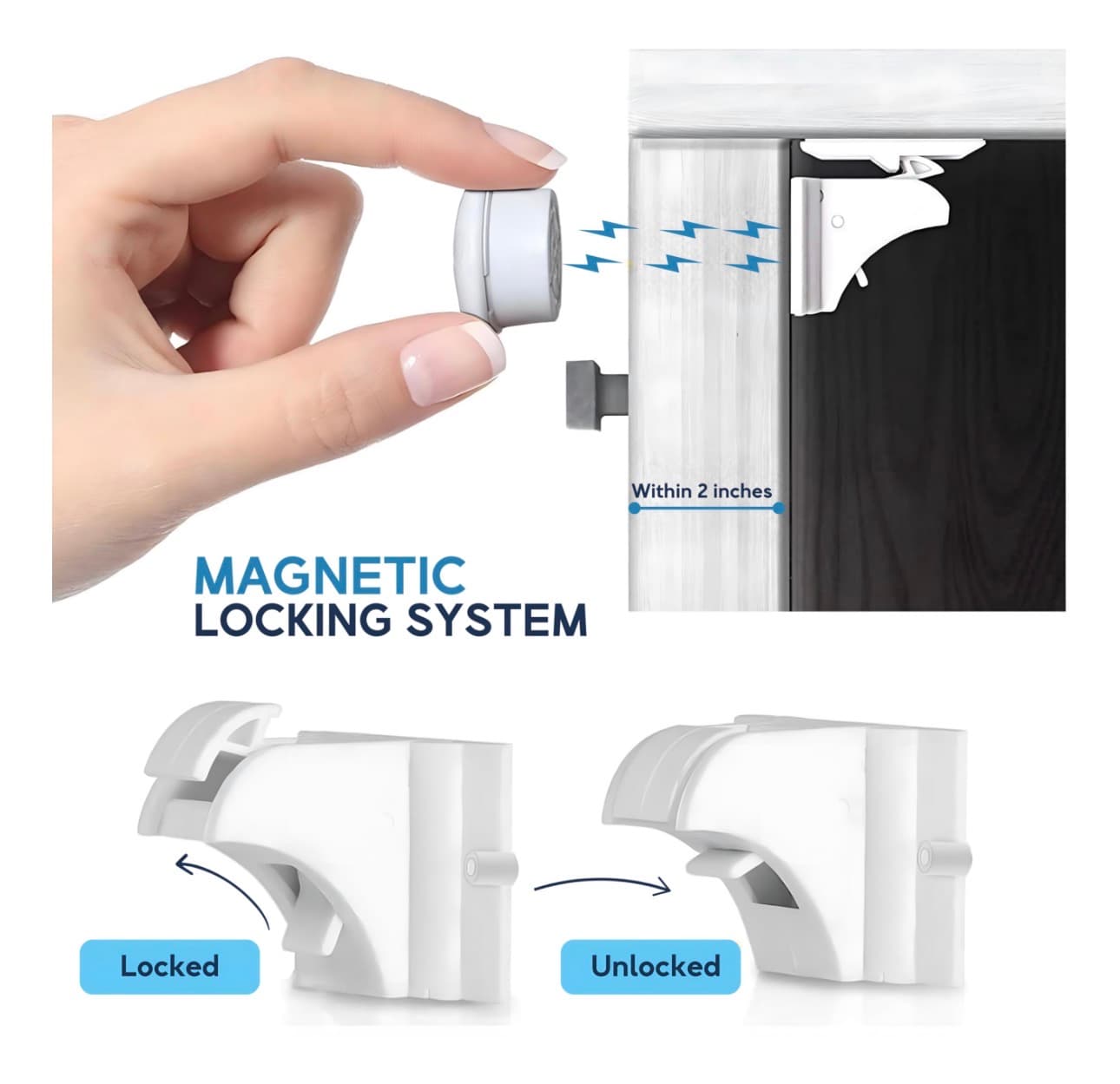 Baby Proof Me 6-Pack Magnetic Cabinet Locks, Baby Proofing Child Safety Locks with 2 Keys, No-Drill 3M Adhesive for Cabinets & Drawers - Thumbnail 4