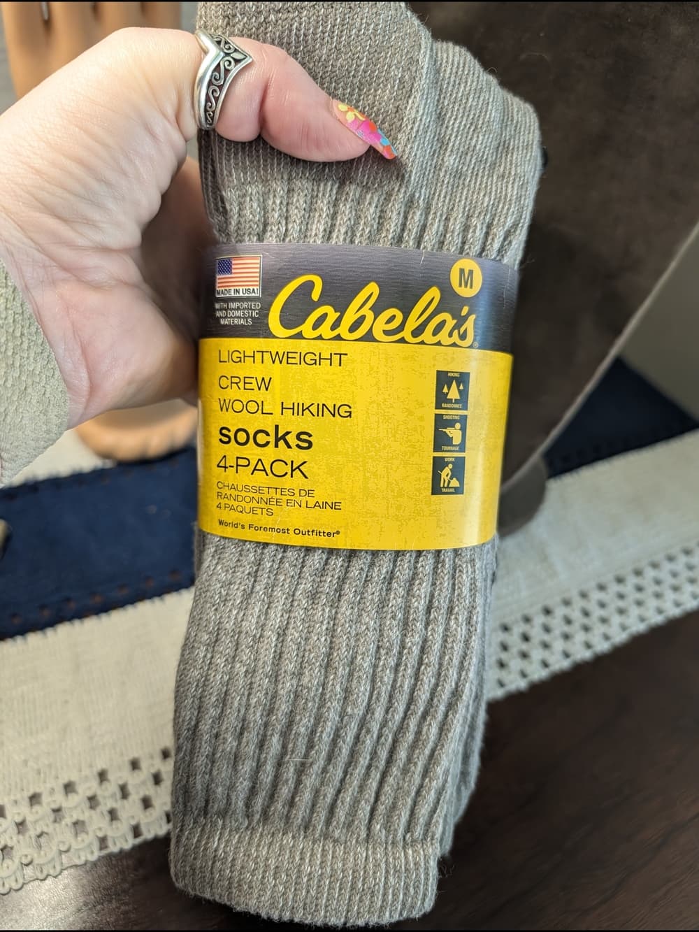 Cabela's Men's Lightweight Crew Wool Hiking Socks - Taupe (M) - 4-Pack - Thumbnail 2