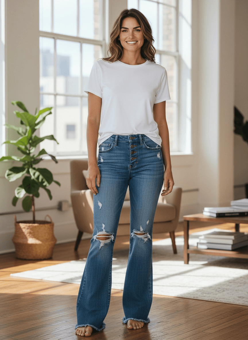 Flying Monkey Distressed Flare Jeans with Button Fly - Thumbnail 2