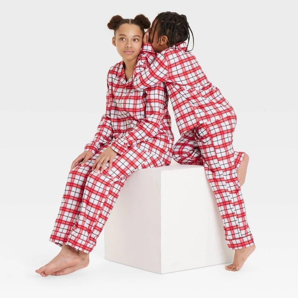 #5645 Large Kids' Plaid Holiday Matching Family Pajama Set - Wondershop White - Default
