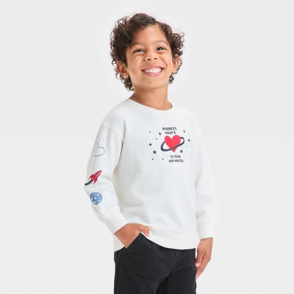 #8979 4T Toddler Boys' Biggest Heart French Terry Crew Neck Pullover Sweatshirt - Cat & Jack Cream - Default