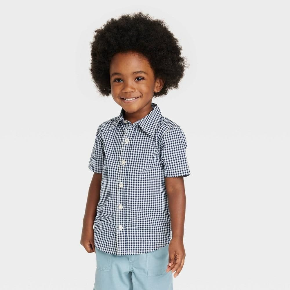 #8527 18M OshKosh B'gosh Toddler Boys' Plaid Checkered Woven Short Sleeve Shirt - Navy Blue - Default
