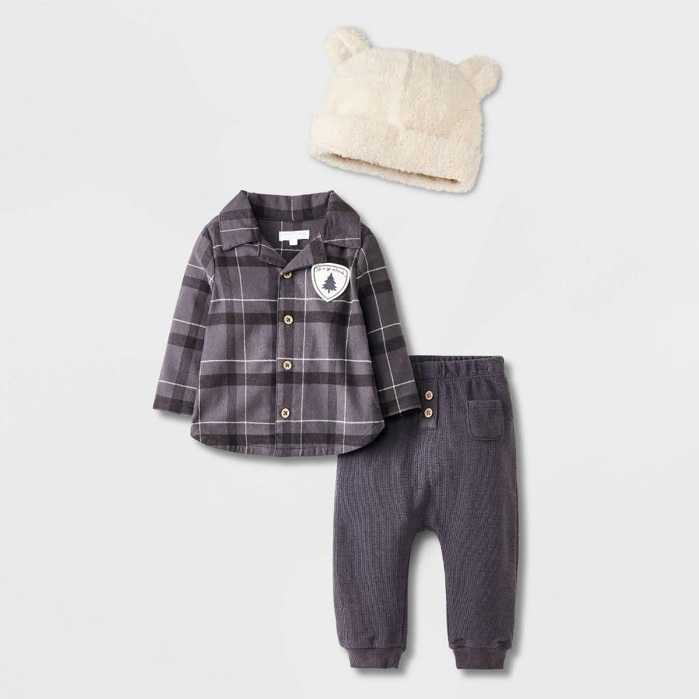 #8328 12M Grayson Mini Baby Boys' Flannel Set with Hat - Black - Default
