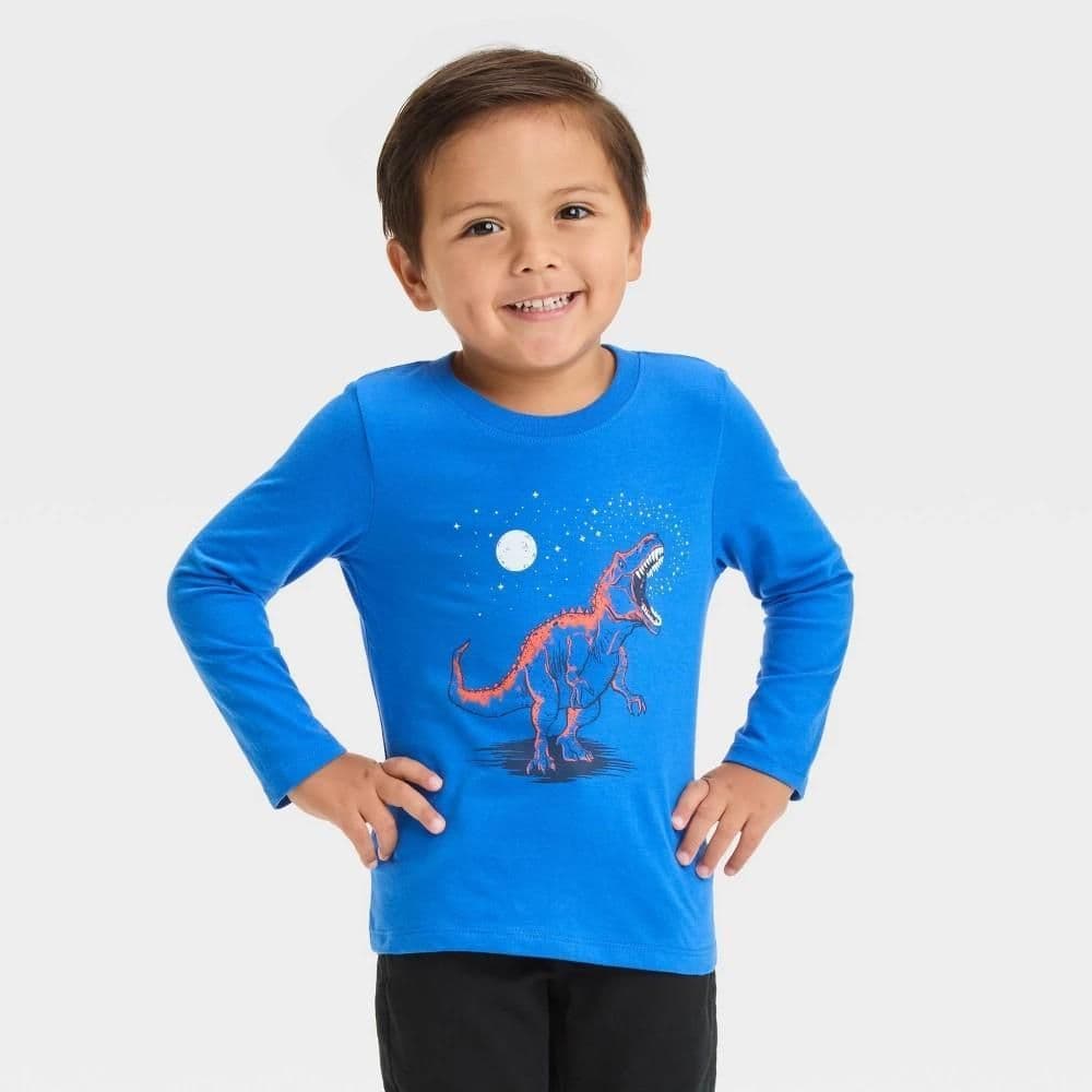 #9148 5T Toddler Boys' Long Sleeve T-Rex Graphic T-Shirt - Cat & Jack Blue : Cotton Blend, Dinosaur Pattern, Crew Neck, Pullover - Default