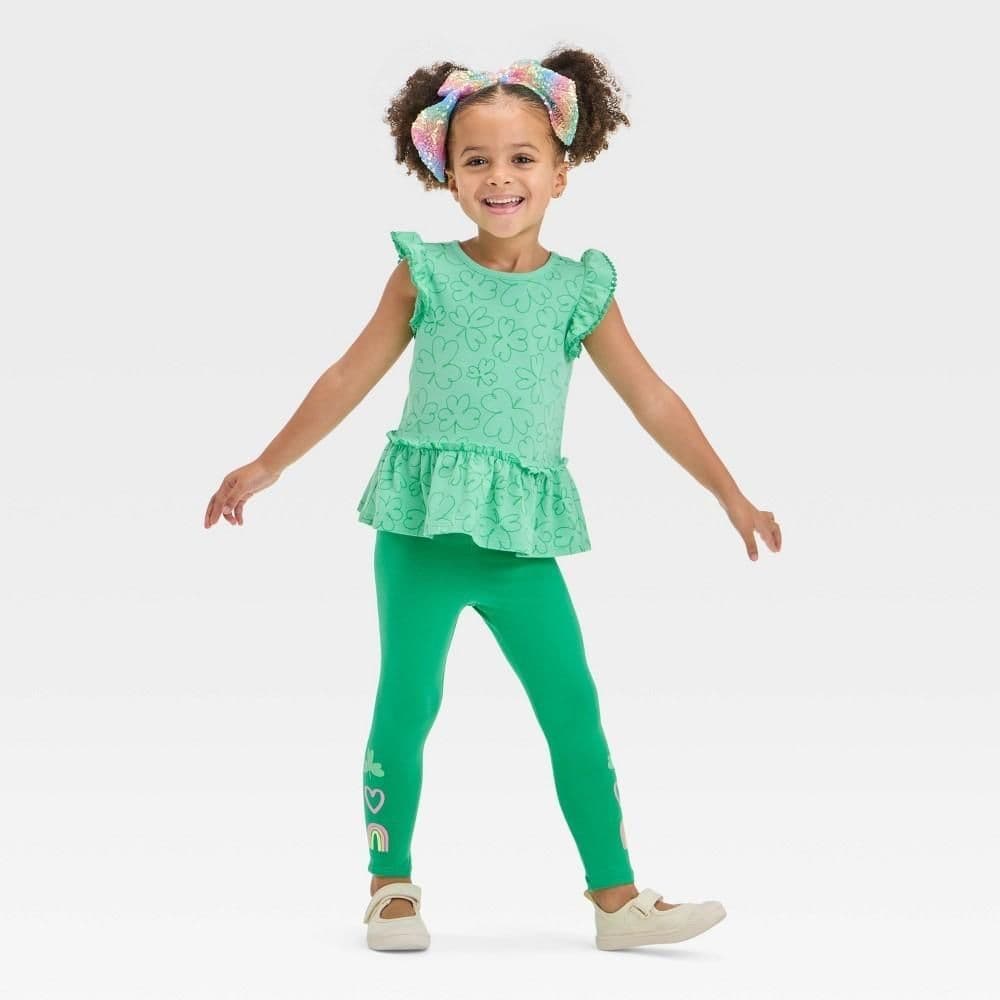 #8730 2T Toddler Girls' Clover Top and Bottom Set - Cat & Jack Lime Green - Default