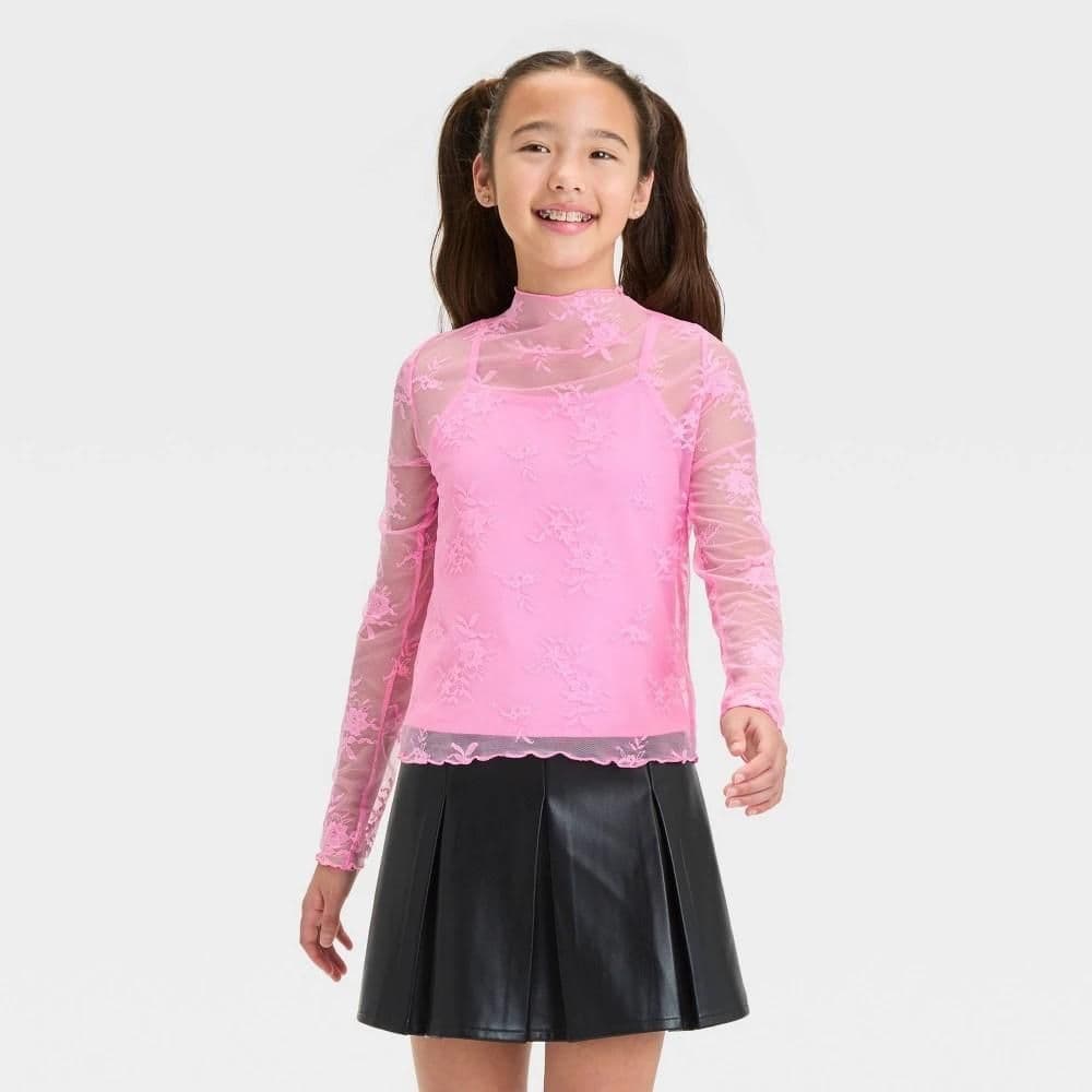 #5160 Small Girls' Long Sleeve Lack Mockneck Shirt - art class Pink - Default