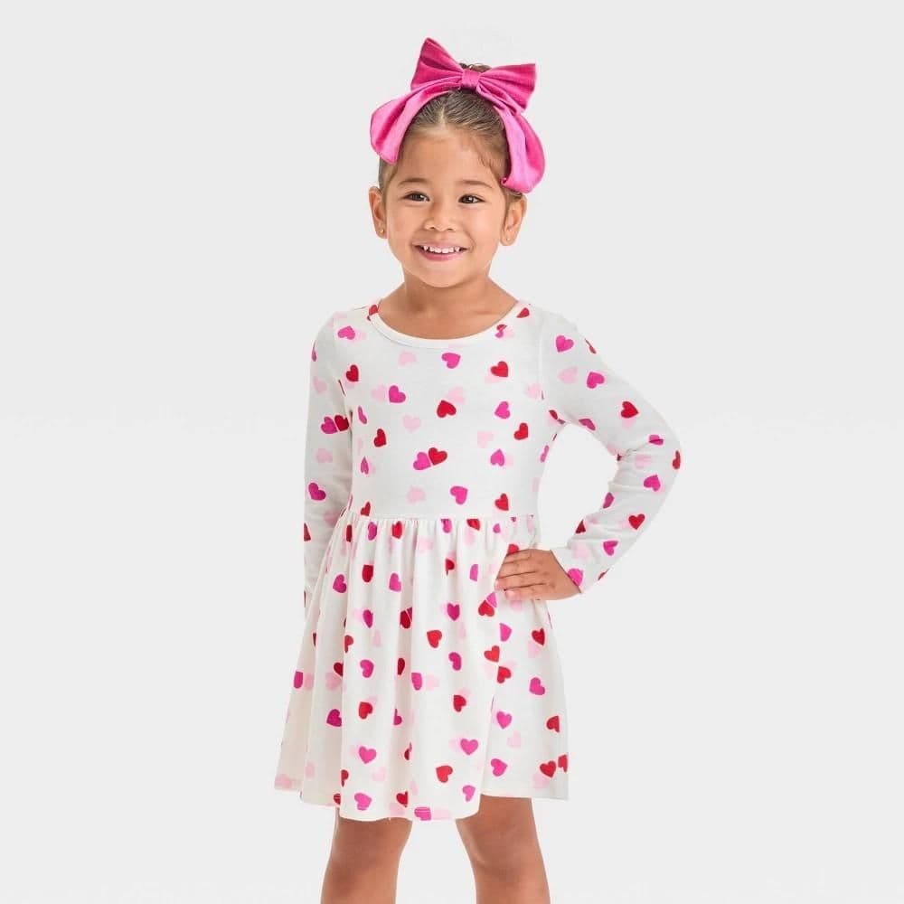#2751 3T Toddler Girls' Long Sleeve Heart Printed Dress - Cat & Jack Cream - Default