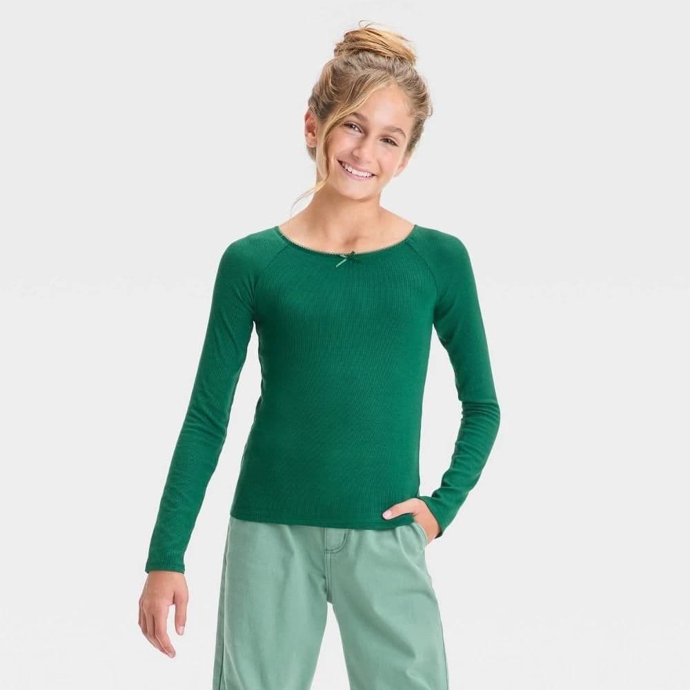 #5574 Large Girls' Long Sleeve Bow Boat Neck Shirt - art class Green - Default