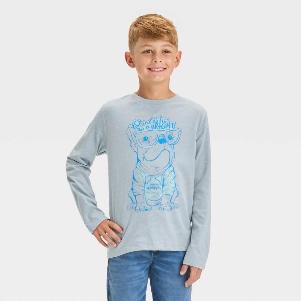 #5076 Small Boys' Long Sleeve Hanukkah Dog Graphic T-Shirt - Cat & Jack Gray - Default