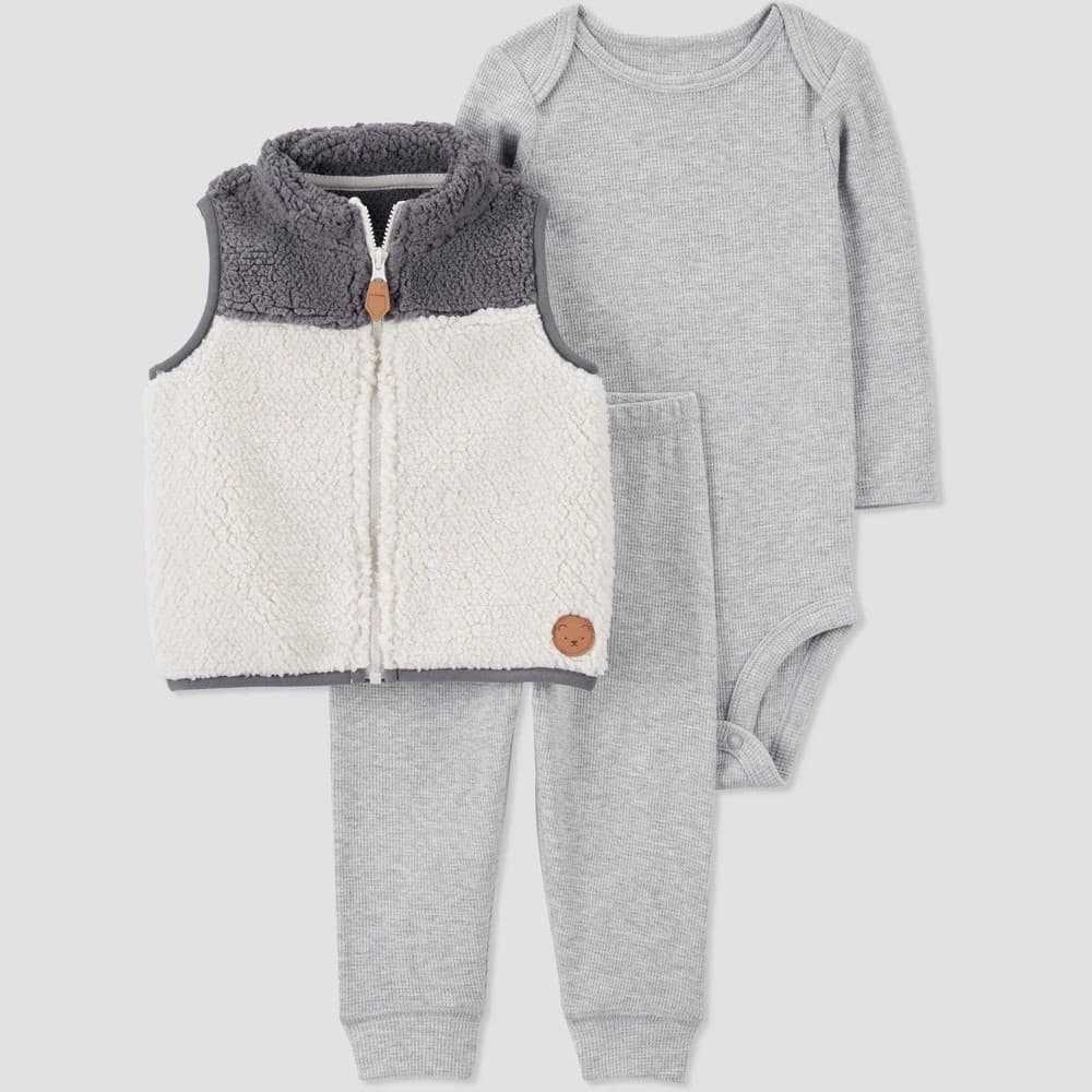 #3489 Newborn Carter's Just One You Baby Boys' Colorblock Vest 3pc Top & Bottom Set - Cream/Gray - Default