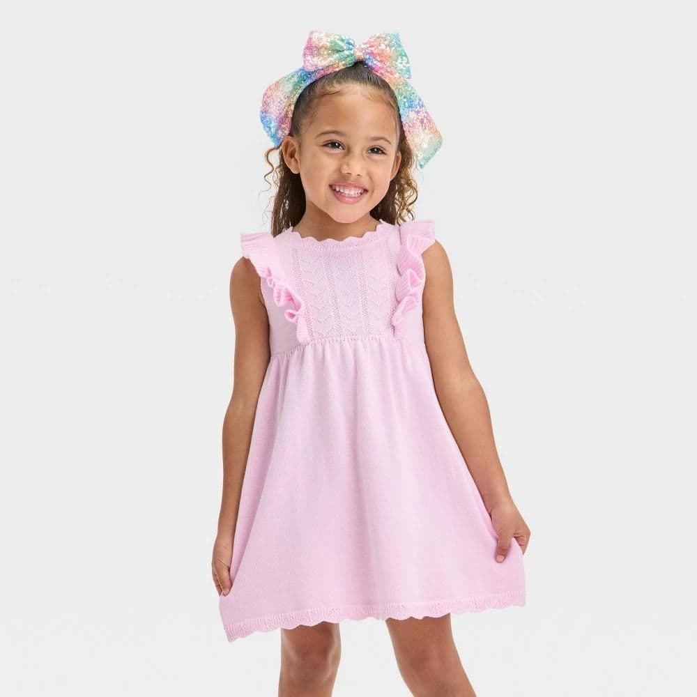 #9215 5T Toddler Girls' Sweater Ruffle Dress - Cat & Jack Light Pink : Cotton Blend, Sleeveless, Crew Neck, Pullover, Machine Washable - Default