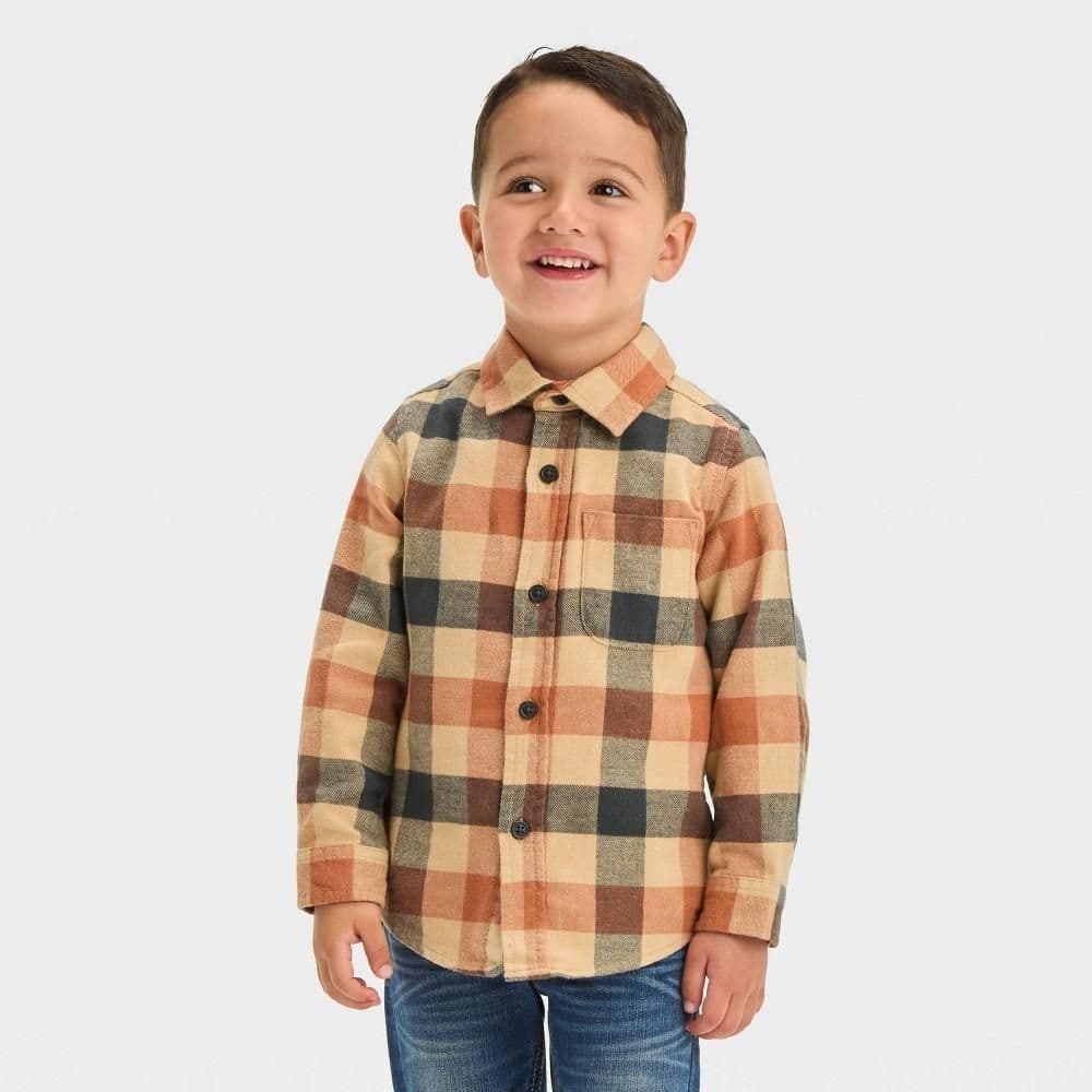 #8993 4T Toddler Boys' Long Sleeve Flannel Shirt - Cat & Jack Cream - Default