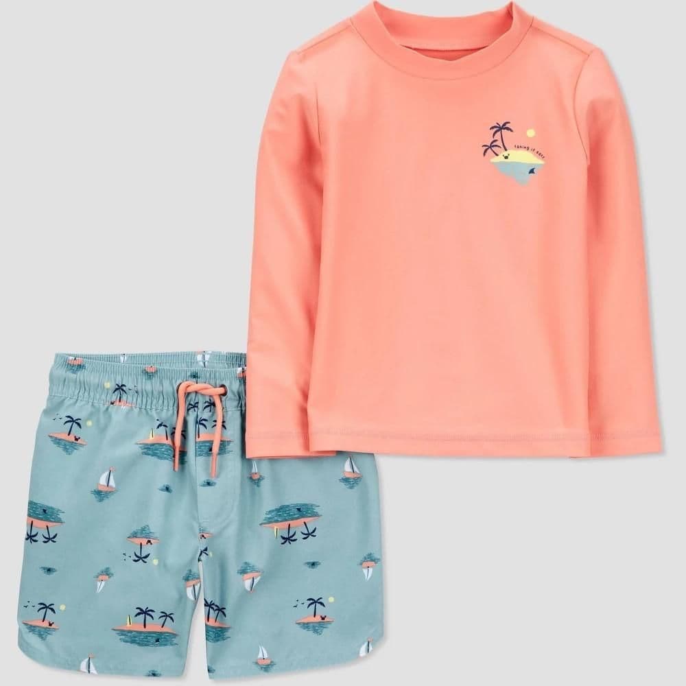 #2830 4T Carter'sToddler Boys' Long Sleeve Landscape Printed Rash Guard Set - Blue/Orange - Default