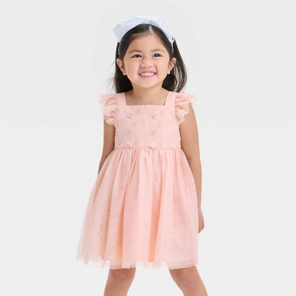 #8590 18M Toddler Girls' Embroidered Tulle Dress - Cat & Jack Light Pink : Sleeveless A-Line, Square Back, Back Bow, Machine Washable - Default