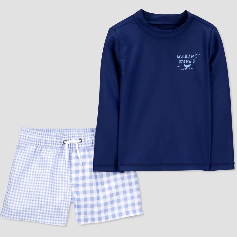 #8655 2T Carter's Just One You Toddler Boys' Long Sleeve Gingham Checkered Rash Guard Set - Blue/Navy Blue - Default