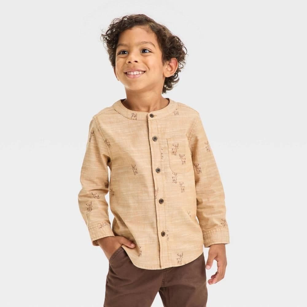 #2632 3T Toddler Boys' Deer Printed Long Sleeve Stretch Button-Down Shirt - Cat & Jack Brown - Default