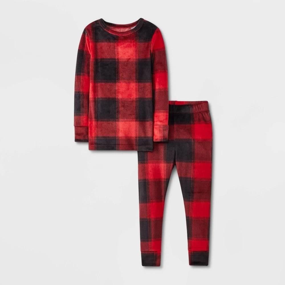 #2602 3T Toddler 2pc Snuggly Soft Snug Fit Buffalo Checkered Plaid Christmas Pajama Set - Cat & Jack Red/Black - Default