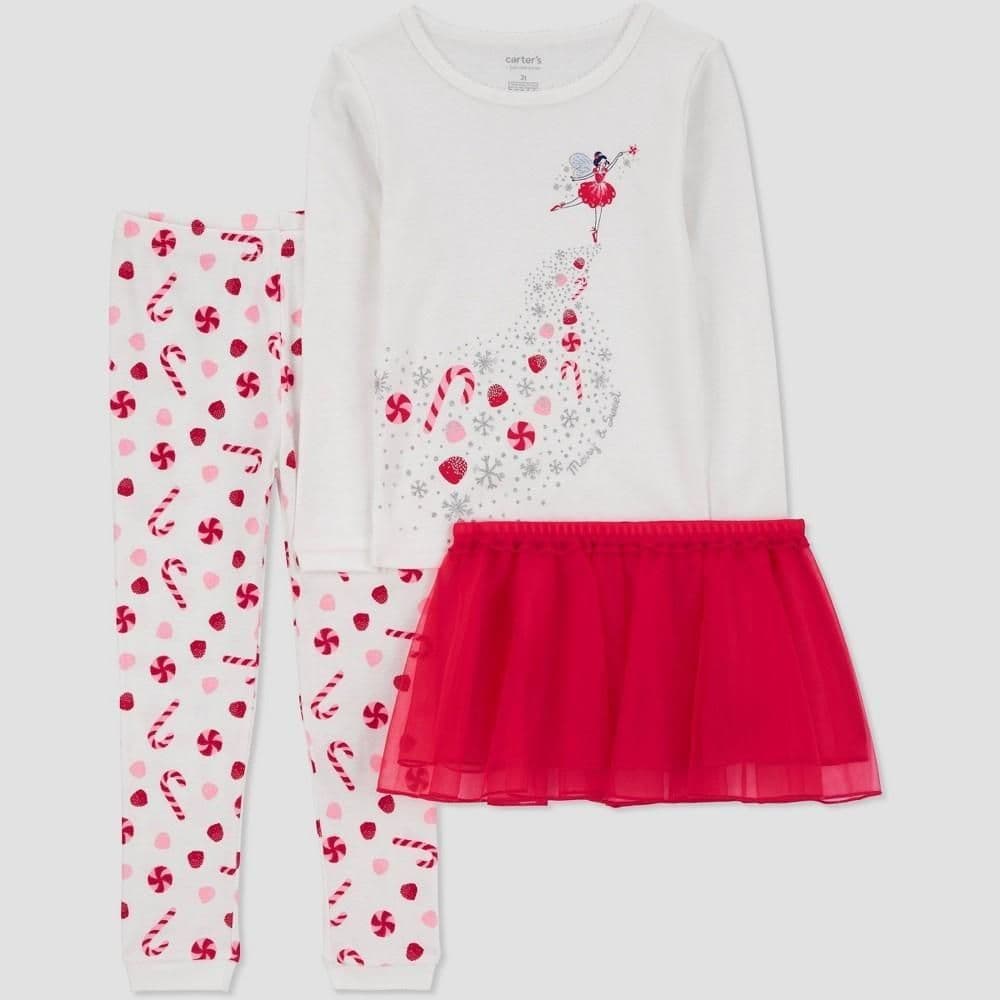 #3115 5T Carter'sToddler Girls' 3pc Long Sleeve Christmas FairyTutu Pajama Set - Red/Off-White - Default