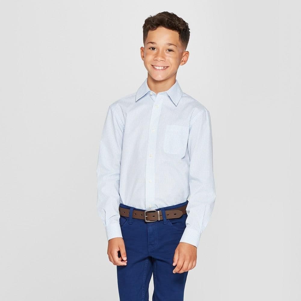 #5486 Large Boys' Long Sleeve Woven Button-Down Shirt - Cat & Jack Blue/White - Default