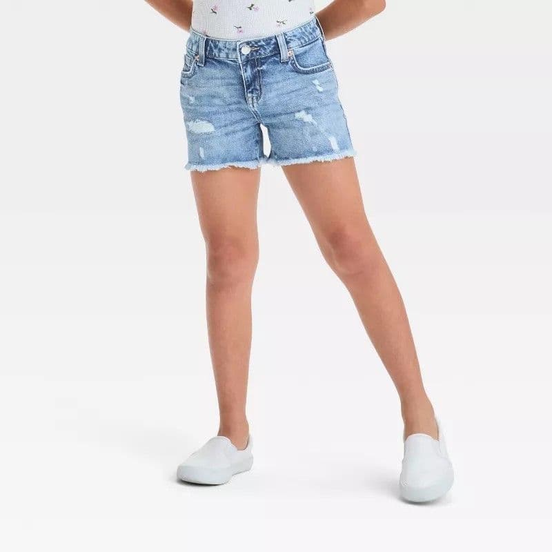 #5585 Large Girls' Mid-Rise Cutoff Jean Shorts - Cat & Jack Light Wash - Default