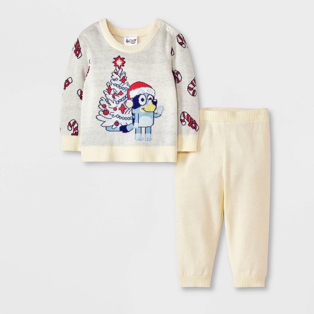 #1457 6-9M Baby Bluey ChristmasTree 2pc SweaterTop and Bottom Set - Ivory - Default