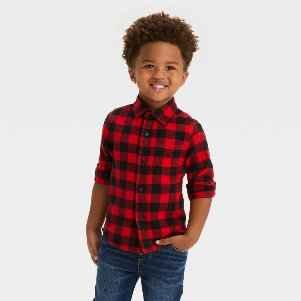#8991 4T Toddler Boys' Long Sleeve Checkered Flannel Shirt - Cat & Jack Red - Default