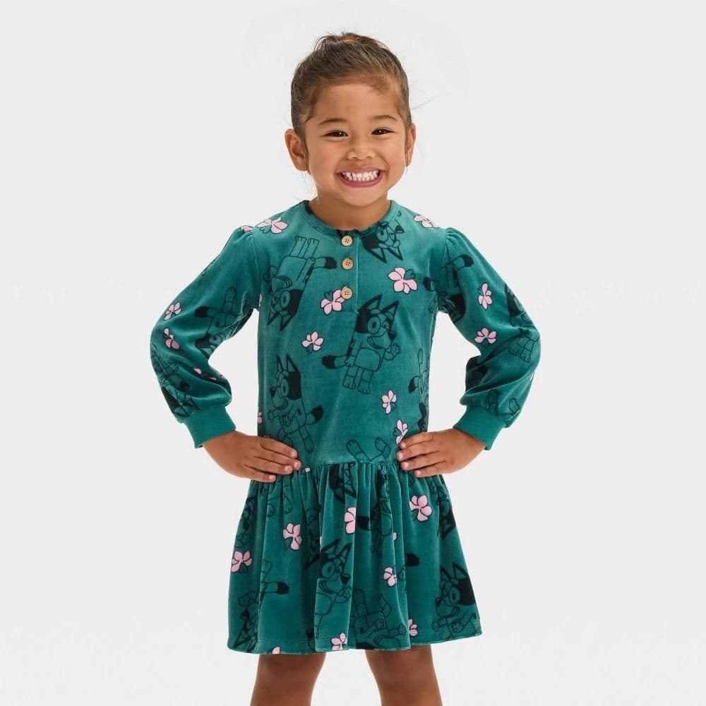 #2702 3T Toddler Girls' Bluey Velour Dress -Teal Blue - Default
