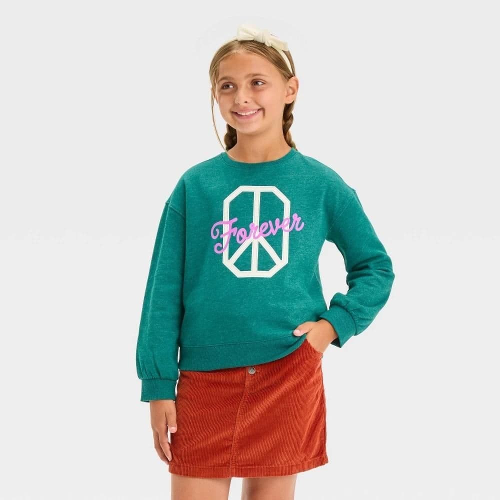 #4999 XS Girls' Fleece Crew Pullover Sweatshirt - Cat & Jack Dark Green - Default