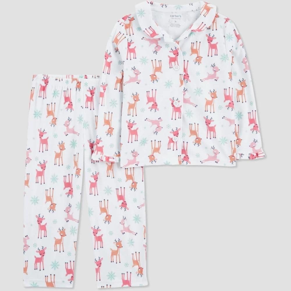 #2289 2T Carter'sToddler Girls' 2pc Long Sleeve Reindeer Christmas Coat Pajama Set - Ivory/Pink - Default