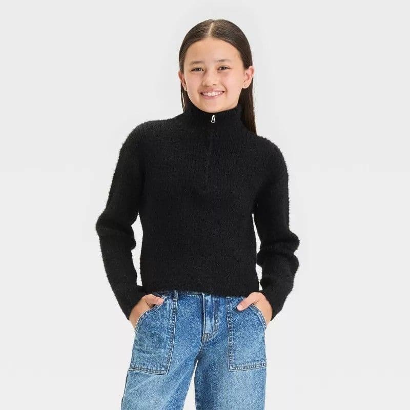 #5597 Large Girls' Ribbed Cozy Quarter Zip Sweater - art class - Black - Default