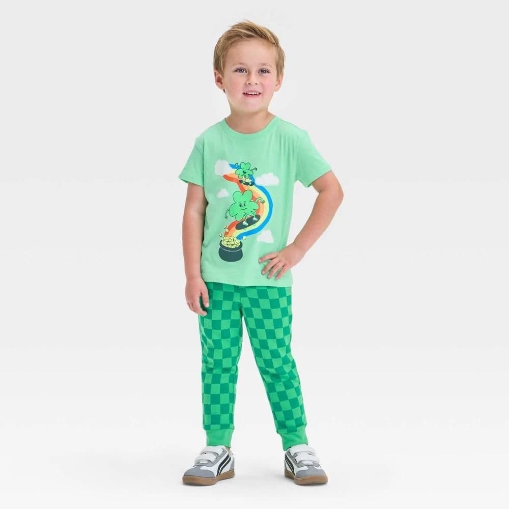 #8707 2T Toddler Boys' St.Patrick's Day Rainbow T-Shirt and Jogger Pants Set - Cat & Jack Lime Green - Default