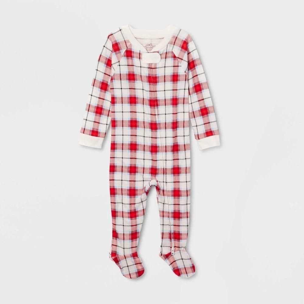 #1513 6-9M Baby Plaid Holiday Matching Family Pajama Union Suit - Wondershop White - Default