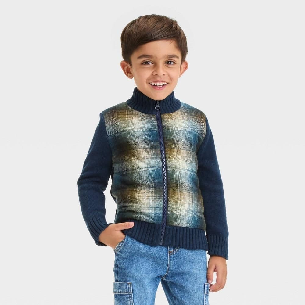 #3199 5T Toddler Boys' Quilted Zip-Up Plaid Sweater - Cat & Jack Blue - Default